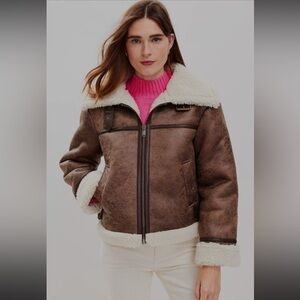 LOFT Brown Suede Jacket Coat with Cream Sherpa Lining